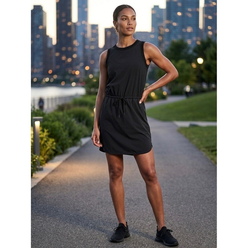 Athleta Presidio Dress Black Sleeveless Drawstring Waist Mini XXS